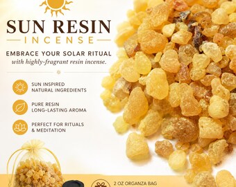 May include: Image of sun resin incense with the text "SUN RESIN INCENSE". The image shows a pile of amber-coloured resin pieces, a small organza bag filled with resin, and two black charcoal discs. The text also mentions natural ingredients and long-lasting aroma.
