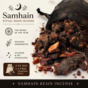 May include: A close-up of Samhain ritual resin incense. The image shows a black mesh bag with dark brown resin pieces spilling out. Text on the left side reads "Samhain Ritual Resin Incense", "Natural Ingredients", and "Cleanse & Set Intentions". The bag contains 2 oz of resin and 2 free charcoal discs.