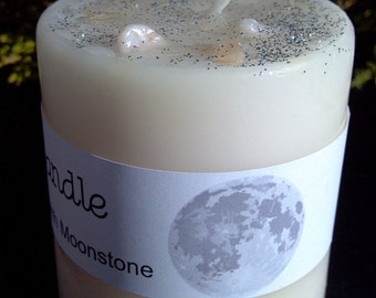 Full Moon Candle, Scented Full Moon Candle with Crystal, Moonstone, Rosemary, Frankincense Full Moon Candle, 3 x 3 Candle with Crystals, Oil