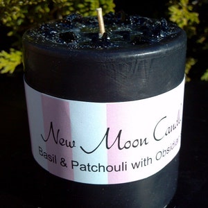 New Moon Candle, Scented New Moon Candle with Essential Oils and Crystals, Basil, Patchouli, Obsidian, 3 x 3 Ritual Candle, NewMoon Candle image 2