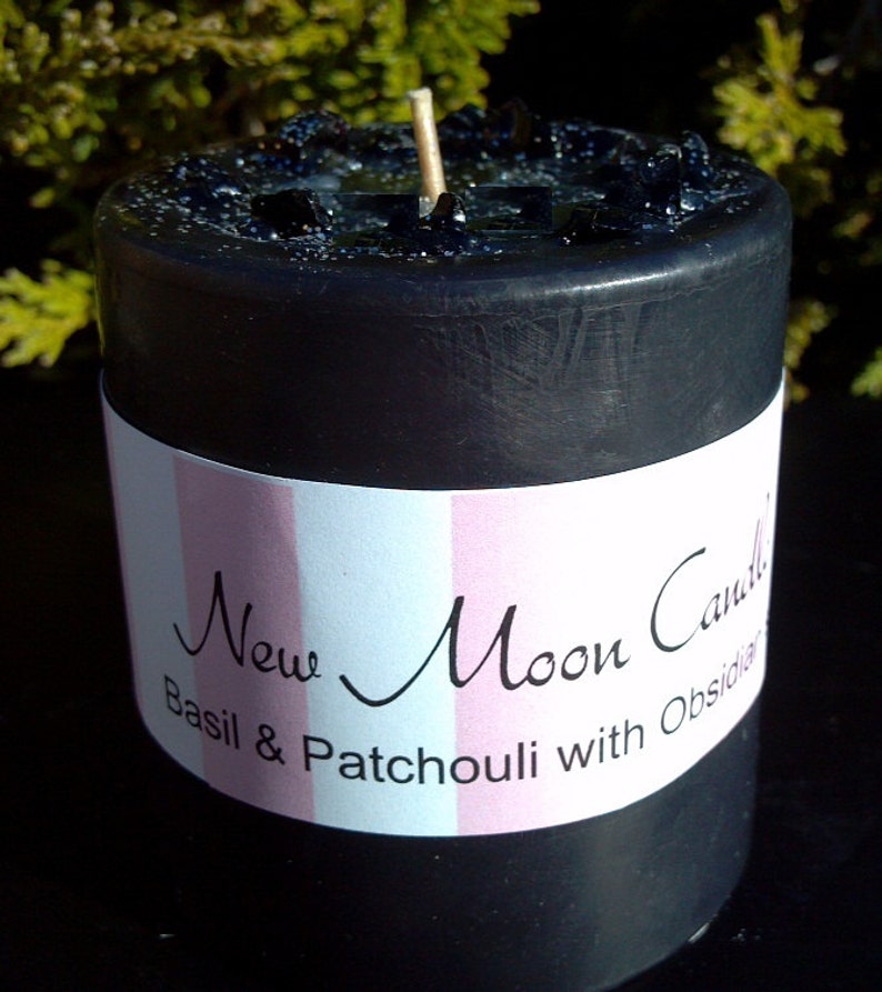 New Moon Candle, Scented New Moon Candle with Essential Oils and Crystals, Basil, Patchouli, Obsidian, 3 x 3 Ritual Candle, NewMoon Candle image 2