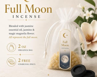 May include: A white organza bag of Full Moon incense with a label featuring a crescent moon and a full moon graphic. The bag contains 57g of incense and includes 2 free charcoal discs. The text reads "CLEAN. SACRED. POWERFUL."