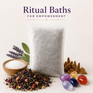May include: A white sachet of bath herbs is the focal point, with the text "Ritual Baths for Empowerment" above. The image includes a wooden bowl of salt, dried flowers, incense cones, lavender, and colorful gemstones.