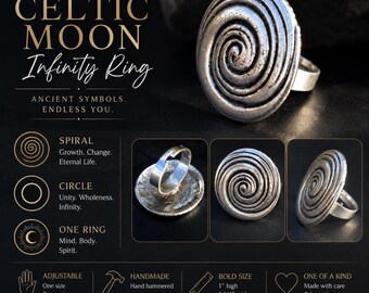Handmade Pewter Celtic Moon Ring, Adjustable Spiral