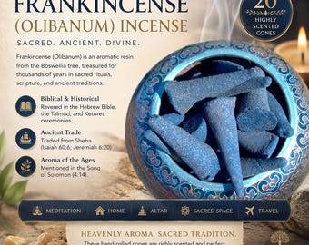 May include: A blue ceramic bowl filled with 20 highly scented frankincense cones. The image includes text that reads "Premium Frankincense (Olibanum) Incense" and "Heavenly Aroma. Sacred Tradition."