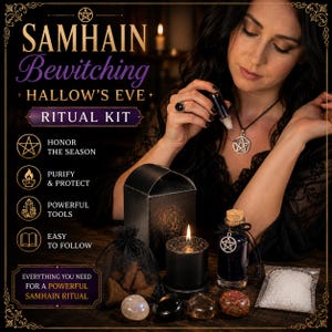 May include: A Samhain Bewitching Hallow's Eve ritual kit containing a black box, a black pillar candle with a lit flame, a small glass bottle with a cork stopper and pentacle charm, a black mesh bag with incense cones, four polished stones, and salt.