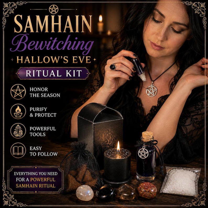 May include: A Samhain Bewitching Hallow's Eve ritual kit containing a black box, a black pillar candle with a lit flame, a small glass bottle with a cork stopper and pentacle charm, a black mesh bag with incense cones, four polished stones, and salt.