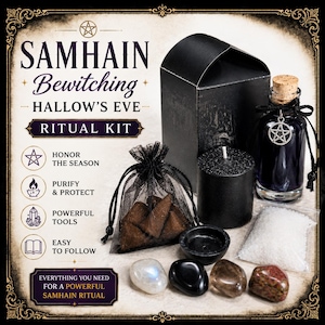 May include: A Samhain Bewitching Hallow's Eve ritual kit containing a black box, a black pillar candle, a glass bottle with a cork and pentacle charm, a black mesh bag with incense cones, a small black bowl, white powder, and four polished stones.