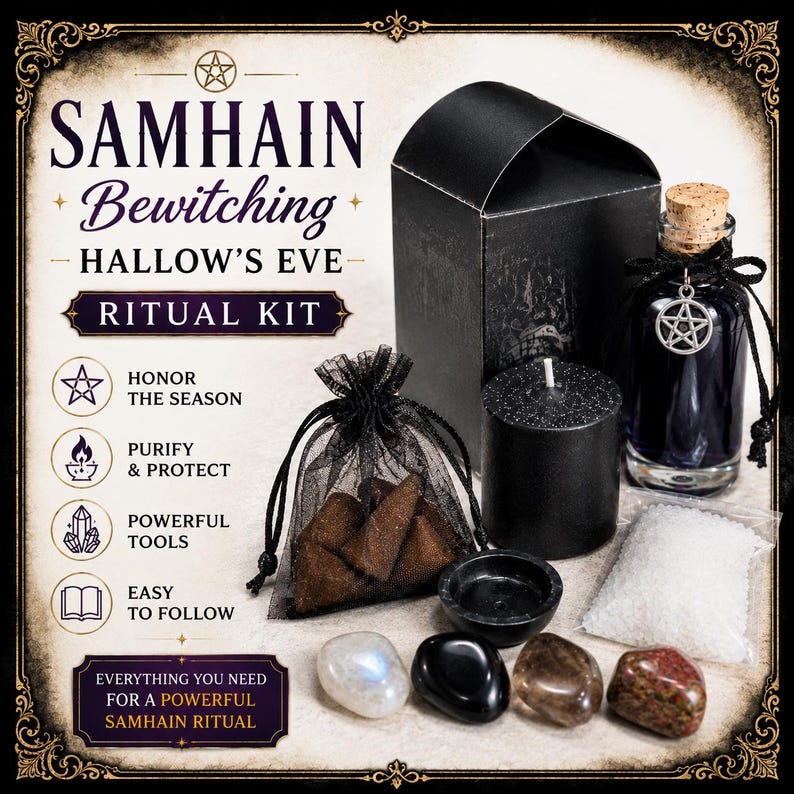 May include: A Samhain Bewitching Hallow's Eve ritual kit containing a black box, a black pillar candle, a glass bottle with a cork and pentacle charm, a black mesh bag with incense cones, a small black bowl, white powder, and four polished stones.