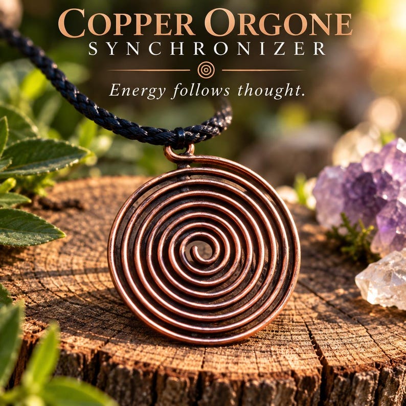 May include: A circular copper pendant featuring a spiral design suspended on a black braided cord. The text COPPER ORGONE SYNCHRONIZER and Energy follows thought. is visible above the pendant, which rests on a textured wooden surface.