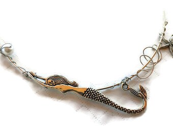 Mermaid Pendant Necklace, Sterling Silver Plated, Pearl, Starfish Charm
