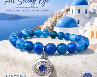 Blue Agate Evil Eye Bracelet, Silver Charm, Protection Jewelry
