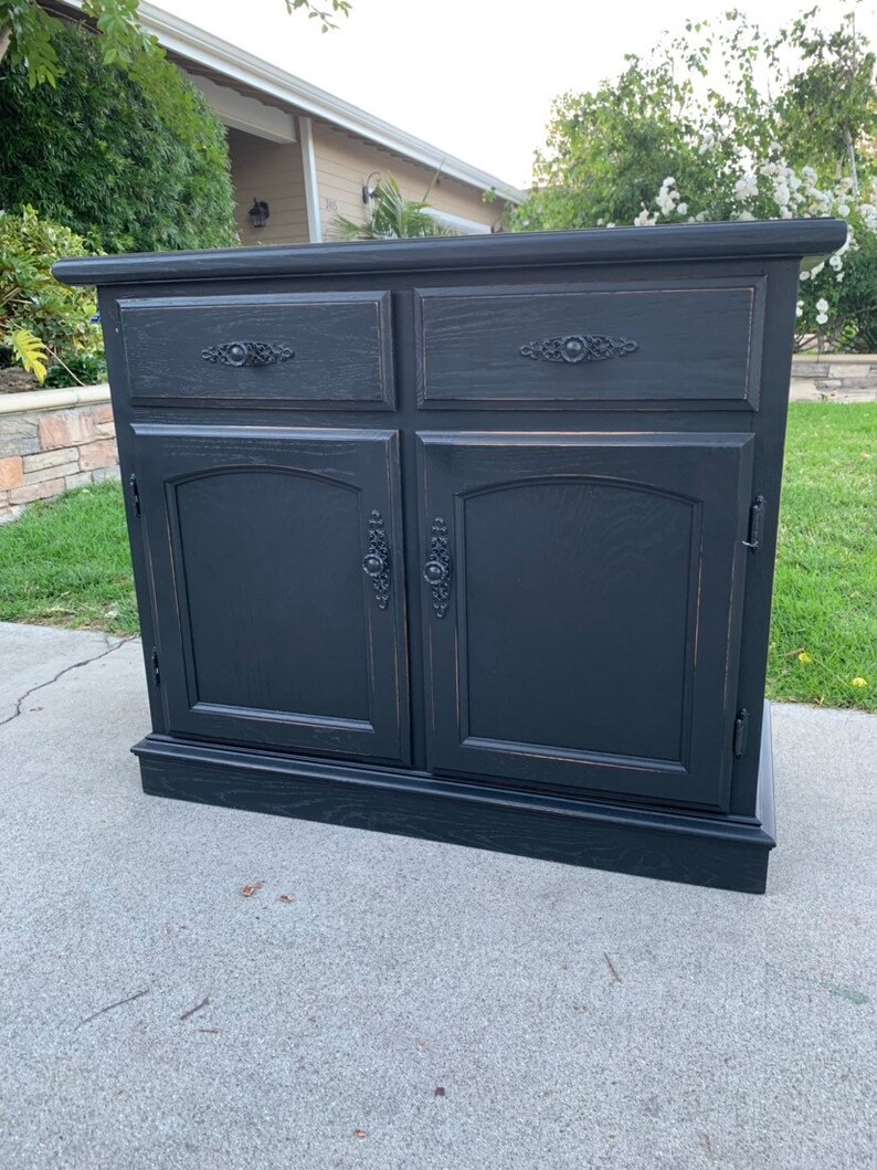 Sold ** Vintage black distressed buffet media stand coffee bar or changinf table