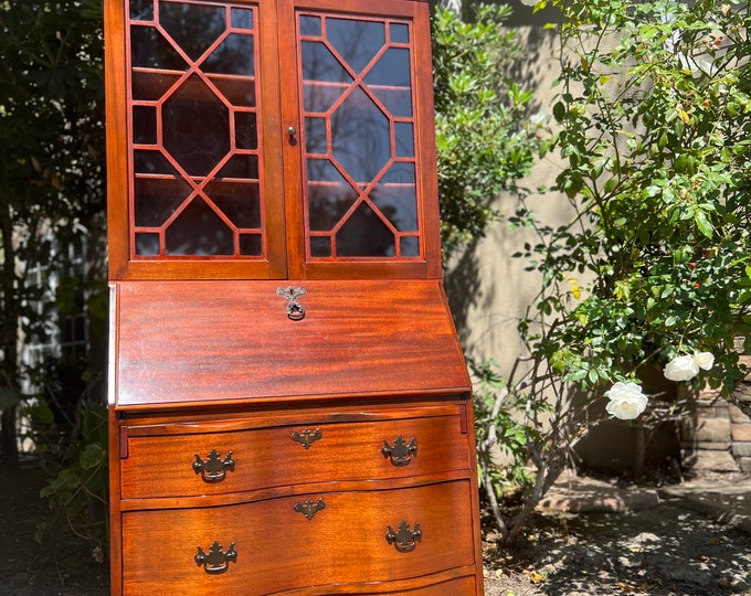 Vintage Tall Natural Wood Distressed Secretary Desk Dresser