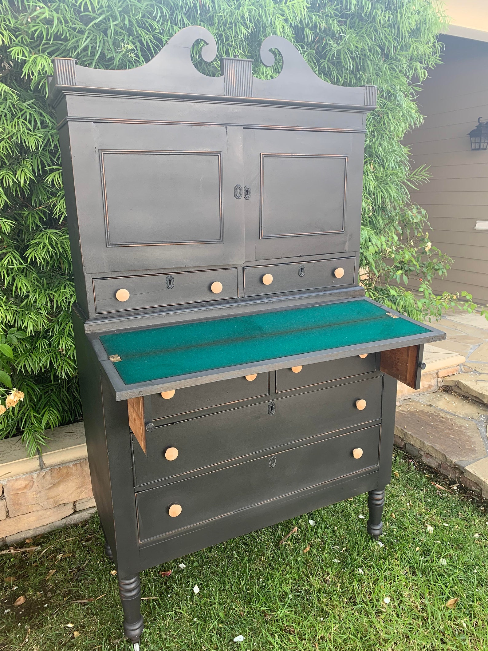 Antique Vintage Black Distressed 2 Piece Secretary Desk Etsy