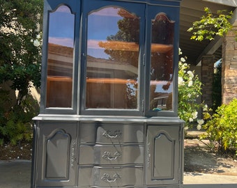 Vintage Black  French farmhouse China Cabinet Storage Cottage Chic Painted Furniture Fixer Upper Style