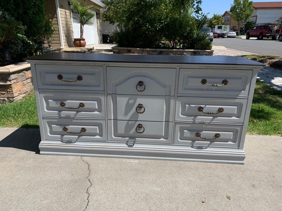 Sold Vintage Light Gray 9 Drawer Distressed Dresser Buffet Etsy