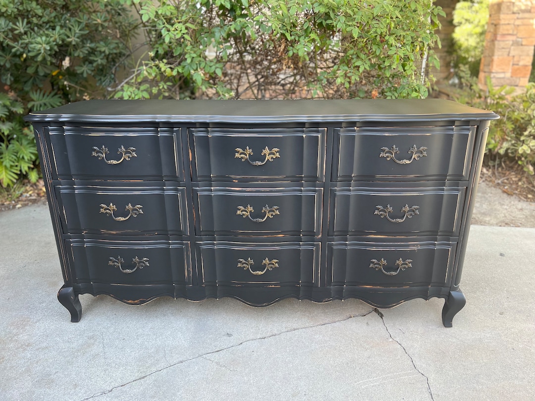 Vintage Black French 9 Drawer Long Changing Table Modern Dresser Buffet