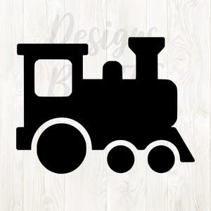 May include: A black silhouette of a classic steam train. The train features a rectangular cab with a window, a tall smokestack, and three circular wheels. The design is simple and bold, suitable for various craft projects.