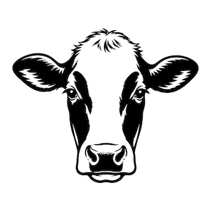 Op de afbeelding: Zwart-wit illustratie van een koeienkop. De afbeelding toont gedetailleerde weergaven van de ogen, neus en oren van de koe, met een contrasterend ontwerp. Deze afbeelding is een eenvoudige, maar effectieve weergave van een boerderijdier.