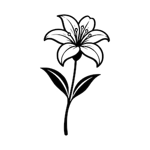 Può includere: Illustrazione in bianco e nero di un fiore di giglio. Il fiore ha sei petali e uno stelo con due foglie. L'immagine è un design semplice ed elegante.