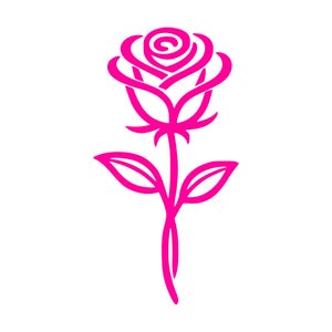 May include: A vibrant pink rose illustration on a white background. The design features a stylized outline of a rose with a detailed bloom, stem, and leaves. The image is a simple, elegant representation of a floral theme.