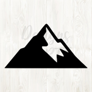 May include: A black mountain silhouette design. The image features a stylized mountain range with sharp peaks and a triangular base. The design is set against a white wood grain background.