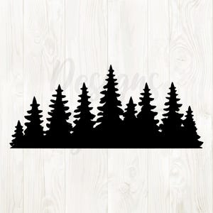 May include: A black silhouette of a forest of pine trees against a white wood grain background. The trees vary in height, creating a natural, layered effect. The design is suitable for various craft projects.