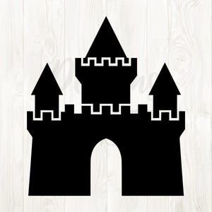 May include: A black silhouette of a castle with a central tower and two smaller towers. The castle has a large arched entrance and crenellations along the top of the walls. The towers are topped with pointed roofs.