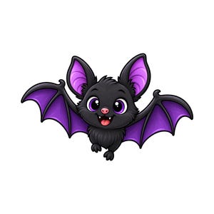 Könnte beinhalten: Eine Cartoon-Illustration einer kleinen, flauschigen schwarzen Fledermaus mit großen, ausdrucksstarken violetten Augen und einer rosa Nase. Die Fledermaus hat leuchtend violette Flügelinnenseiten und Ohren sowie ein offenes Maul mit weißen Fangzähnen.