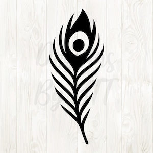 May include: A black peacock feather design. The feather features a central eye-like pattern with a dark circle and surrounding lines. The feather's stem is a simple, pointed shape. The design is set against a white wood grain background.