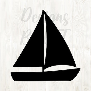 May include: A black sailboat silhouette against a white wood grain background. The sailboat has a triangular sail and a rectangular hull. The image has the text "Designs by RT" in a cursive font in the background.