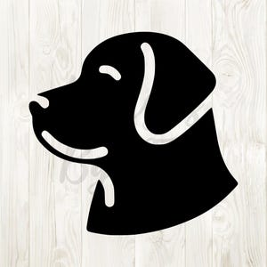 May include: Black silhouette of a Labrador Retriever dog with its head tilted to the side. The dog is looking to the left.