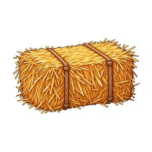 May include: A rectangular bale of golden yellow dried hay, tightly bound with two thick, brown, textured ropes that wrap vertically around the bundle, securing the loose straw stalks into a compact, uniform, and dense agricultural block.
