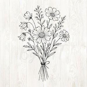 May include: A black and white line drawing of a floral bouquet. The bouquet includes daisies, bell-shaped flowers, and sprigs of leaves and buds, tied with a ribbon. The background is a white wood grain.