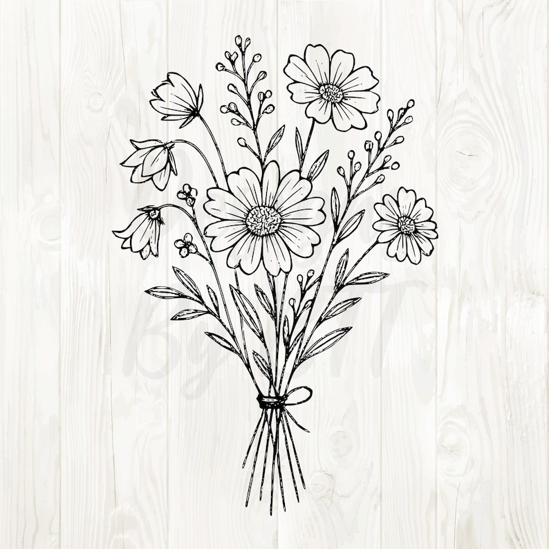 May include: A black and white line drawing of a floral bouquet. The bouquet includes daisies, bell-shaped flowers, and sprigs of leaves and buds, tied with a ribbon. The background is a white wood grain.