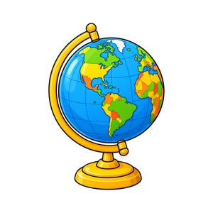 Puede incluir: Un globo terráqueo colorido con masas terrestres de colores verde, amarillo y naranja brillante sobre un océano azul profundo. La esfera está montada sobre un soporte dorado con un brazo meridiano curvo y una base circular, estilo caricatura.