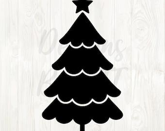 May include: Black silhouette of a Christmas tree with a star on top. The tree has a classic shape with layered branches and a simple, festive design. Perfect for holiday crafts and decorations.
