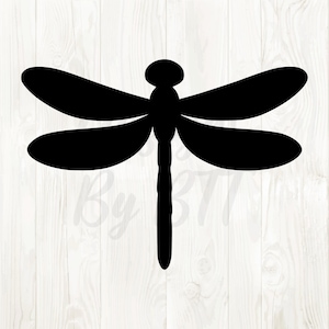 May include: A black silhouette of a dragonfly with four wings and a long, slender body. The dragonfly is depicted in a simple, graphic style, suitable for various design applications. The wings are oval-shaped and spread out.