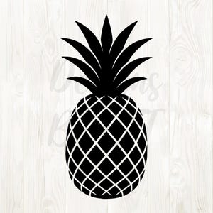 May include: A black and white pineapple illustration. The pineapple is a silhouette with a diamond pattern on the body and spiky leaves on top. The background is a white wood grain.