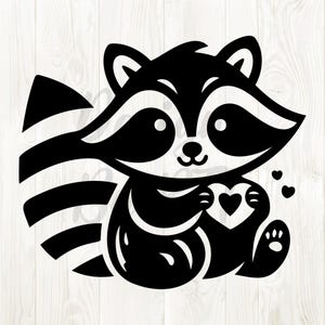 May include: Black and white illustration of a raccoon holding a heart. The raccoon has a striped tail and is sitting on its hind legs.