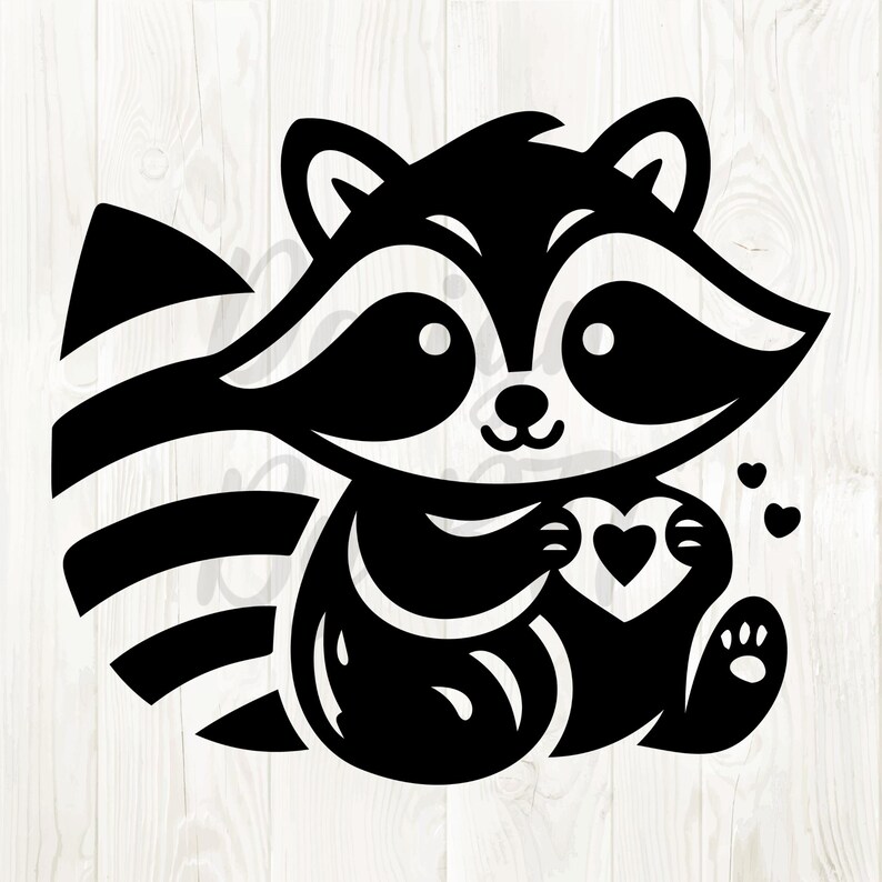 May include: Black and white illustration of a raccoon holding a heart. The raccoon has a striped tail and is sitting on its hind legs.