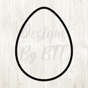 May include: A black outline of an egg shape on a white woodgrain background.