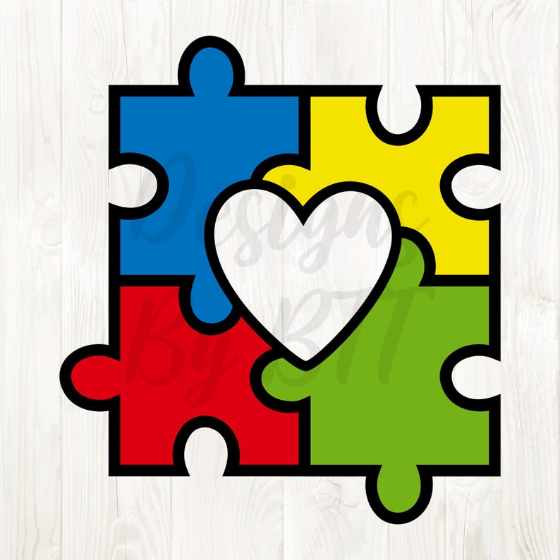 May include: A colorful graphic featuring four puzzle pieces in blue, yellow, red, and green, arranged to form a square. A white heart shape is centered within the puzzle. The design has a black outline.