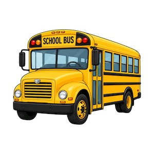 May include: A bright yellow school bus illustration featuring black trim, a front grille, round headlights, and side mirrors. The text SCHOOL BUS is printed in bold black capital letters above the windshield. The vehicle has multiple windows.