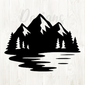 May include: A black silhouette of a mountain range with snow-capped peaks, evergreen trees, and a lake. The design is a minimalist representation of a natural landscape, suitable for outdoor enthusiasts and nature lovers.