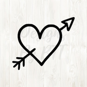May include: A black heart shape with an arrow through it, a common symbol of love. The arrow goes through the heart, with the arrowhead on the right and the fletching on the left. The design is a simple, bold outline, ideal for Valentine's Day or romantic themes.