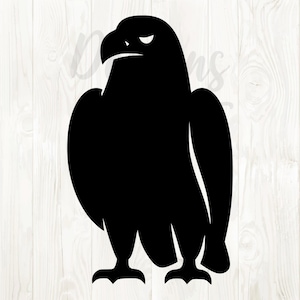 May include: A black silhouette of an eagle with a stern expression. The eagle is standing upright, with its wings at its sides and its talons visible. The background is a light wood grain pattern.