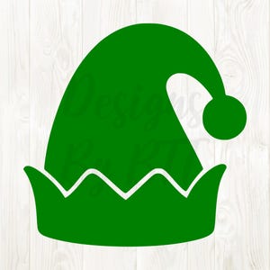 May include: A solid green elf hat with a white zig-zag trim at the base and a small green ball at the tip. The hat is a simple, cartoon-style design, perfect for holiday-themed crafts and decorations.