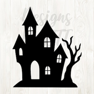May include: Black silhouette of a haunted house with multiple turrets, windows, and a large arched doorway. A bare tree stands to the right. The word "designs" is partially visible in the upper left corner.